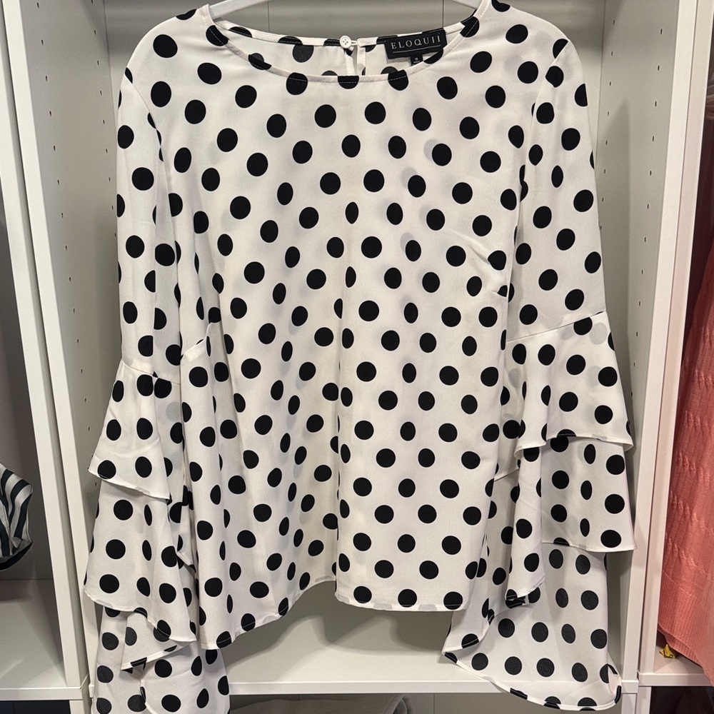 Eloquii Black and White Polka Dot Ruffle Sleeve Blouse